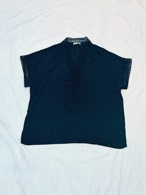 Max Studio Black Crochet Lace Trim V-Neck Blouse Top Size M